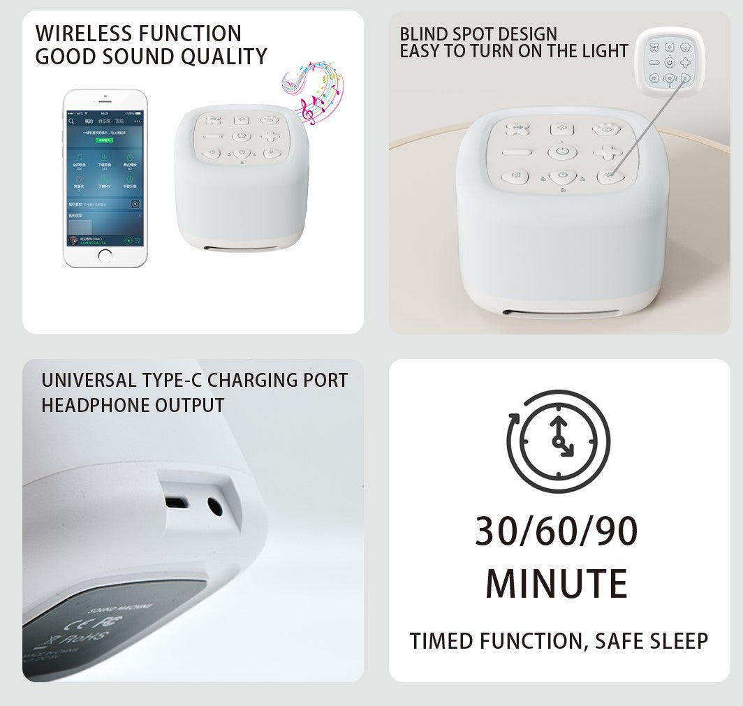 White Noise Sound Machine with Bluetooth Speaker, Night Light 40 Soothing Sounds 9 Color Lights Rechargeable Portable for Baby Kids Adults