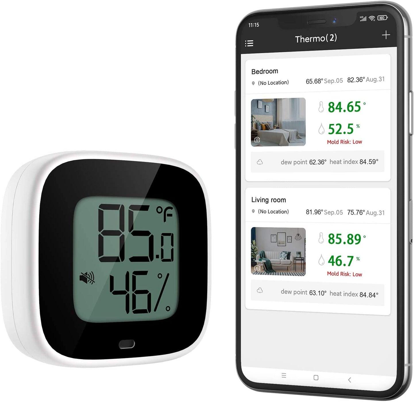Wireless Thermometer Humidity Meter for iPhone/Android 35m Wireless Range