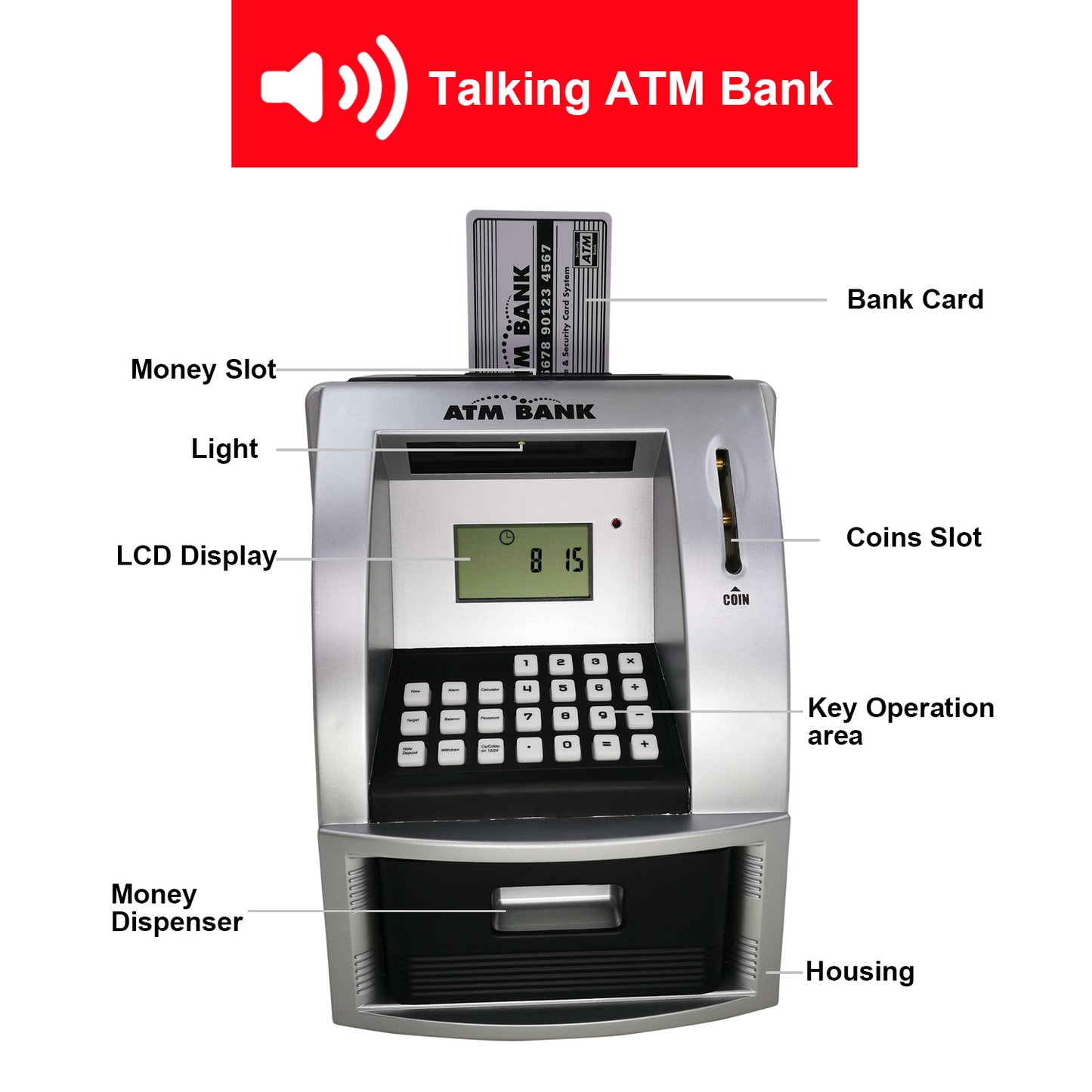 ATM Savings Bank for Real Money, Electronic Piggy Bank for Kids, Talking Toy ATM