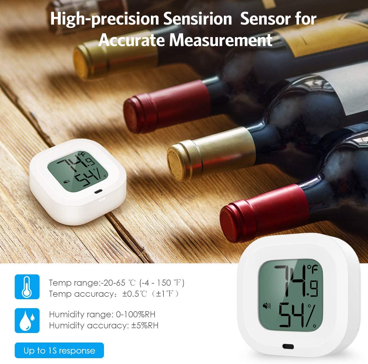 Wireless Thermometer Humidity Meter for iPhone/Android 35m Wireless Range