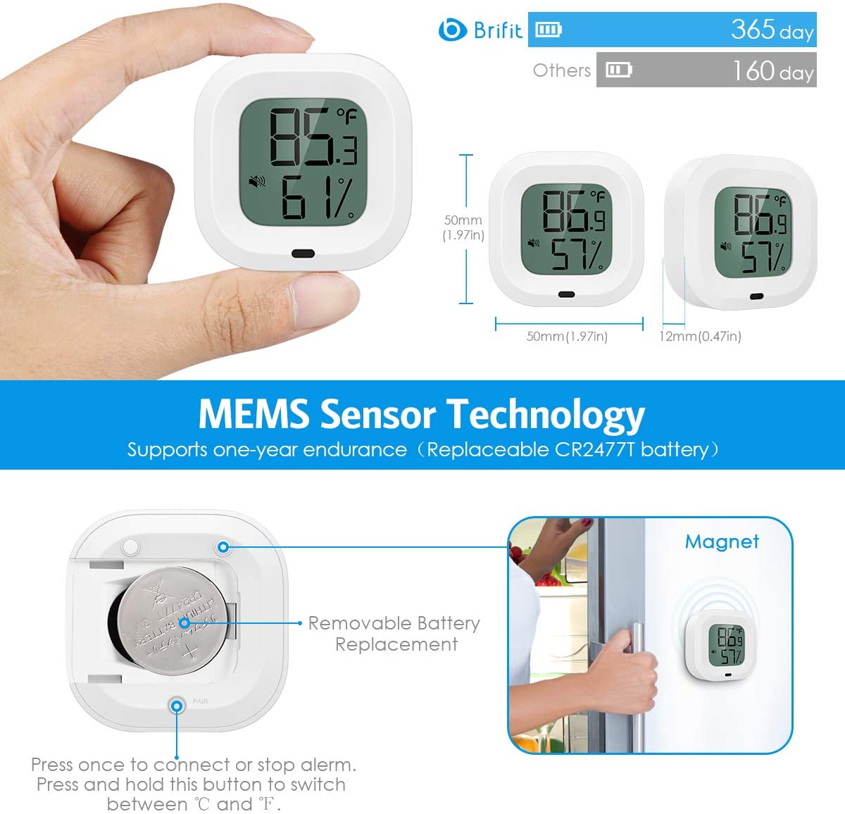 Wireless Thermometer Humidity Meter for iPhone/Android 35m Wireless Range