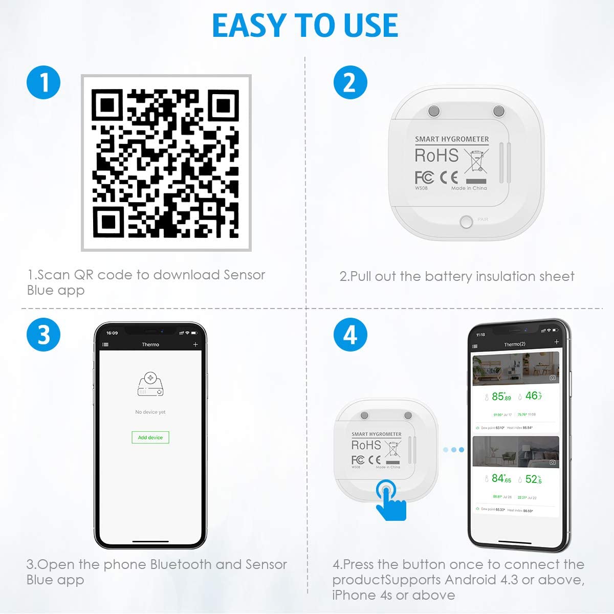 Wireless Thermometer Humidity Meter for iPhone/Android 35m Wireless Range