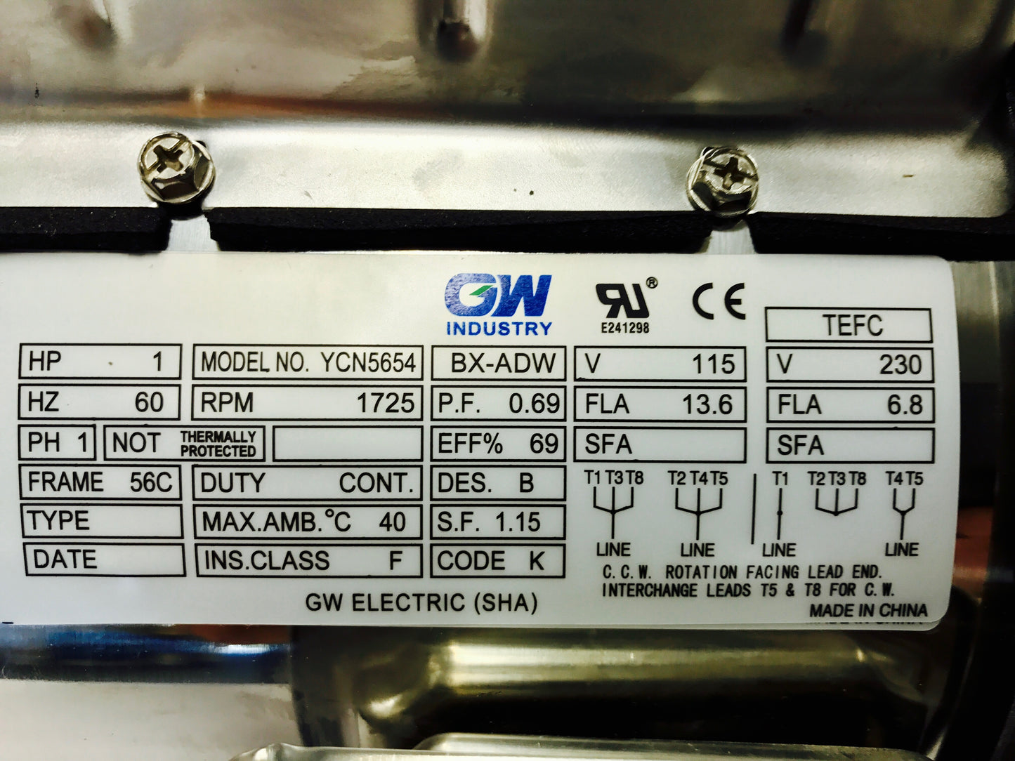 SMC YCN5654BX 1 HP Stainless Steel Boat Lift Motor, 1725RPM, 1.15 Service Factor, 56C Frame, TEFC, 115/230V, SST Boat Hoist Motor