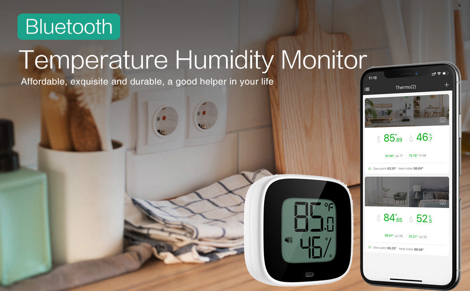 Wireless Thermometer Humidity Meter for iPhone/Android 35m Wireless Range