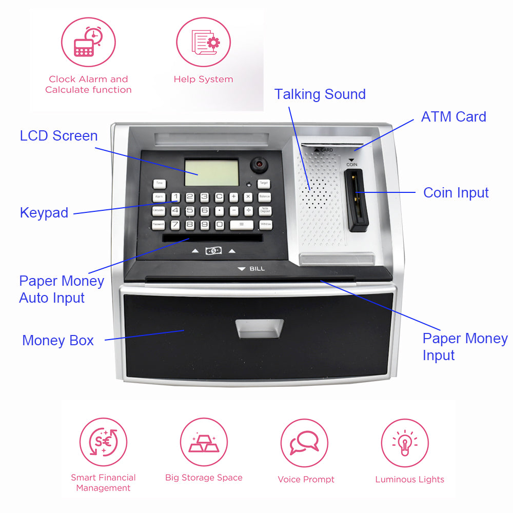 Talking ATM Savings Bank, Digital Piggy Bank, ATM Money Coins Machine for Kids