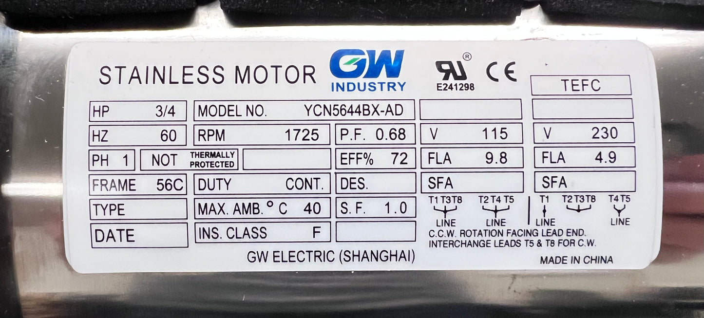 SMC YCN5644BX 0.75 HP Stainless Steel Boat Lift Motor, 1725RPM, 1.0 Service Factor, 56C Frame, with base, TEFC, 115/230V, SST Boat Hoist Motor